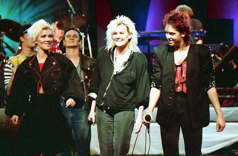 1987年8月，Fredriksson (左）, Dahlgren (中) and Gessle (右) 在 