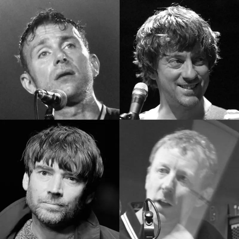 Blur乐队的四位成员：Albarn（上1）、Coxon(上2)、James（左下1）和Rowntree（左下2）