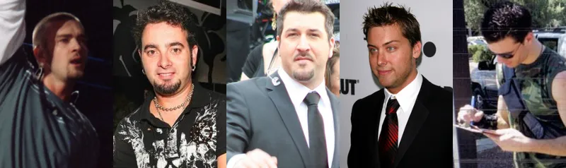 NSYNC：从左到右 Justin Timberlake,Chris Kirkpatrick,Joey Fatone,Lance Bass,JC Chasez（图片为不同时期的照片拼接）